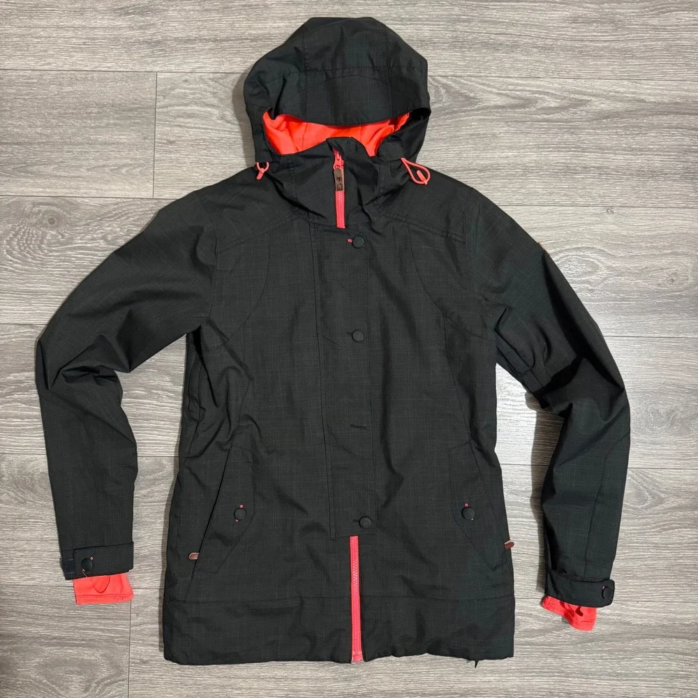 DC Data Women Snowboard Ski‎ Jacket Black Neon Coral 10K Waterproof Small Hooded